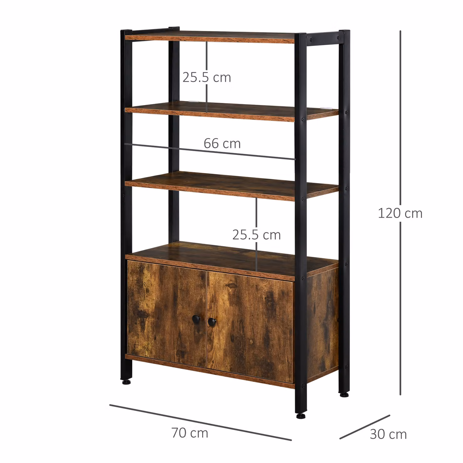 HOMCOM Industrial 3-Tier Bookshelf and Storage Cabinet with Doors in Rustic Brown – 3