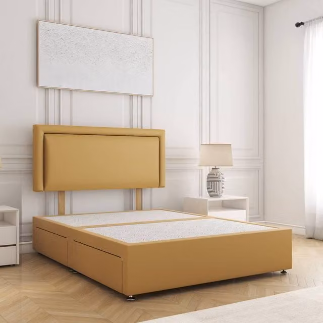 BSSPOKE Ella Double Divan Bed with 24 inch Plush Headboard and 2 Drawers in Mustard Yellow Velvet Fabric, W/D/H: 140 x 200 cm