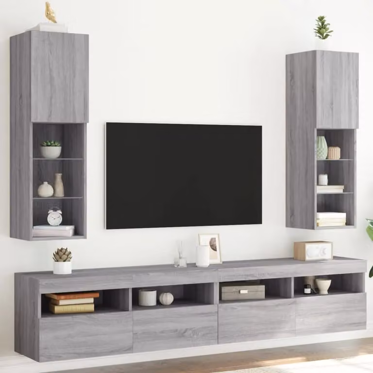 Berkfield Home Set of 2 Modern TV Cabinets with LED Lights in Grey Sonoma, W/D/H: 30.5 x 30 x 102 cm