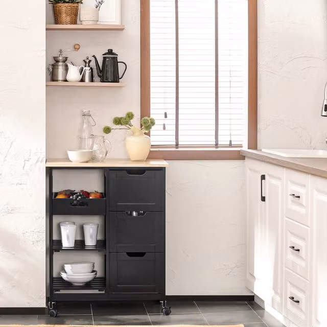 SoBuy Modern Kitchen Trolley with 3 Drawers in Black