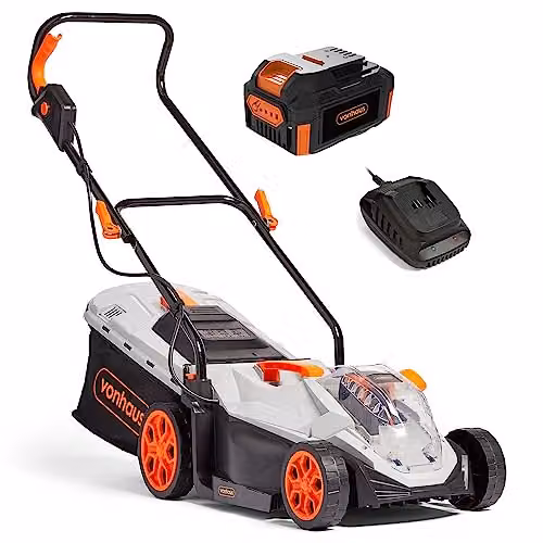 VonHaus 40V Cordless Electric Lawnmower in Green with 30L Collection Bag, Mulching Kit, 33cm Cutting Width and Rechargeable Battery Included