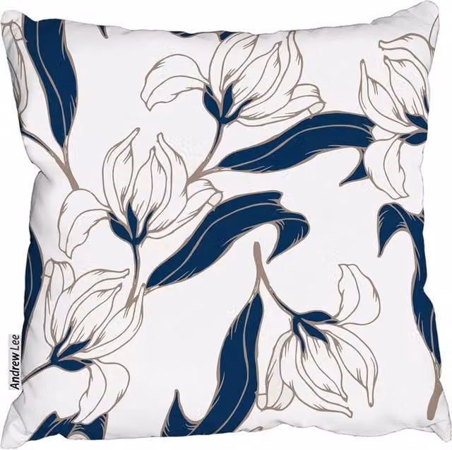 Andrew Lee Blue and White Floral Square Cushion, W: 60 cm, D: 60 cm, H: 1 cm
