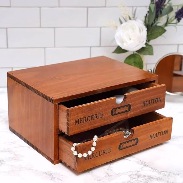 NESTLUNE 2-Tier Solid Wood Desktop Storage Box with Drawers, Brown