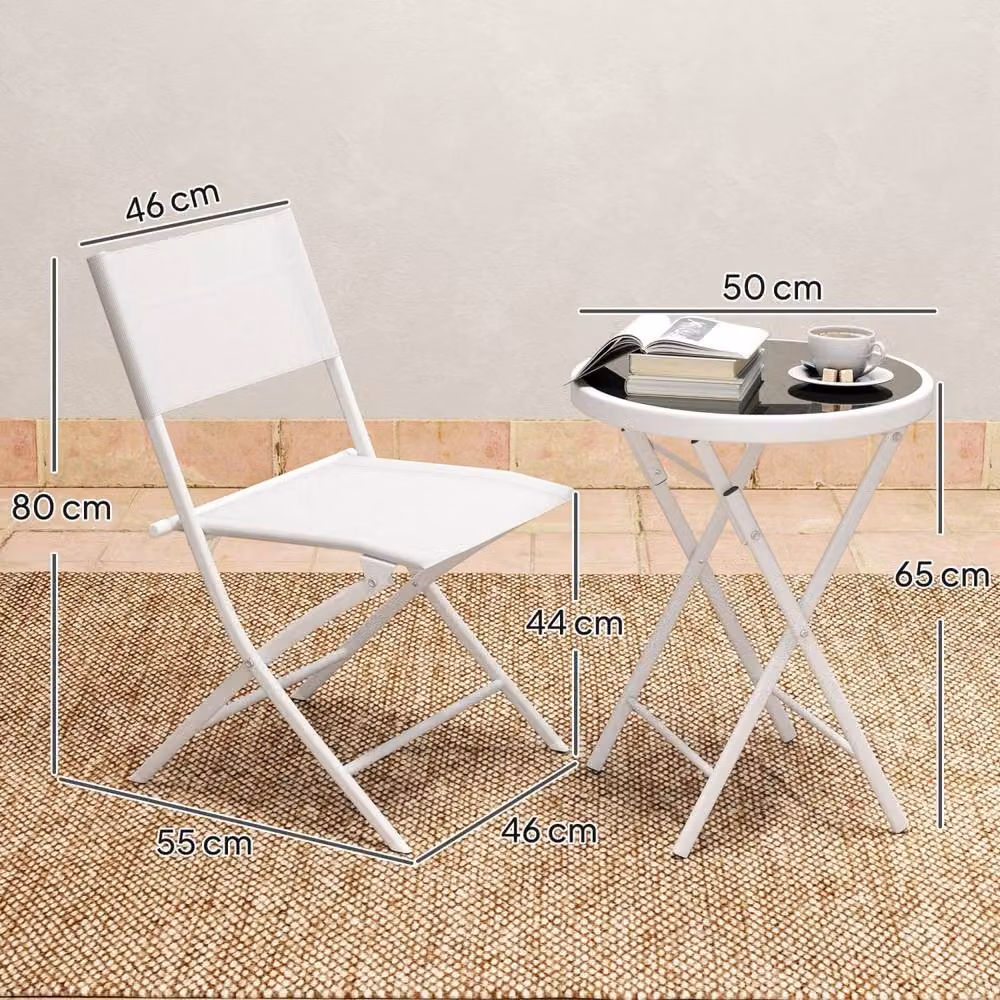 Wyld Haus Lafiyo White 3 Piece Outdoor Bistro Set with Round Glass Table and Folding Chairs – 3