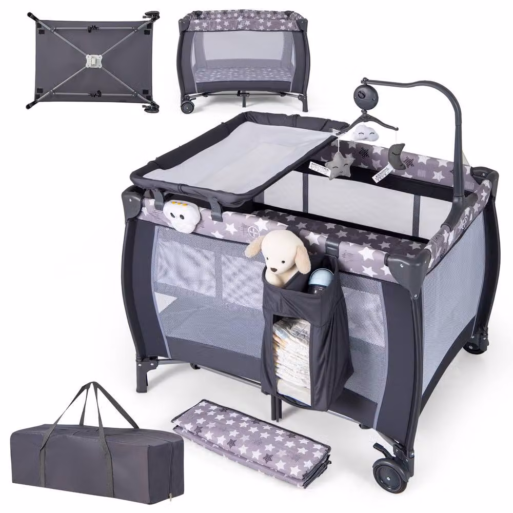 Costway 3 in 1 Foldable Baby Activity Center Playpen with Diaper Changing Table, Grey – 8