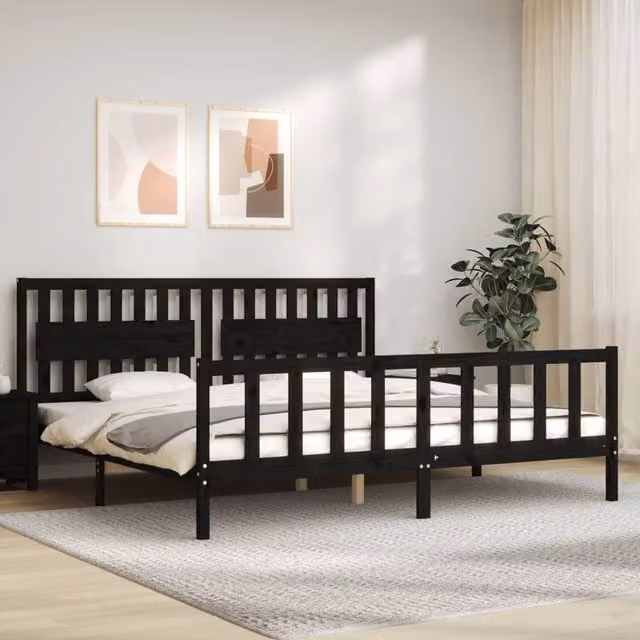 Berkfield Home Solid Wood Pine Bed Frame with Headboard in Black, 200 x 200 cm