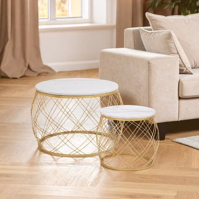 Orsina Set of 2 Round White Marble and Gold Side Tables – 1