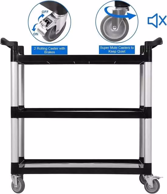 VOGREX 3 Tier Heavy Duty Utility Trolley with 360 Swivel Wheels in Black – 1