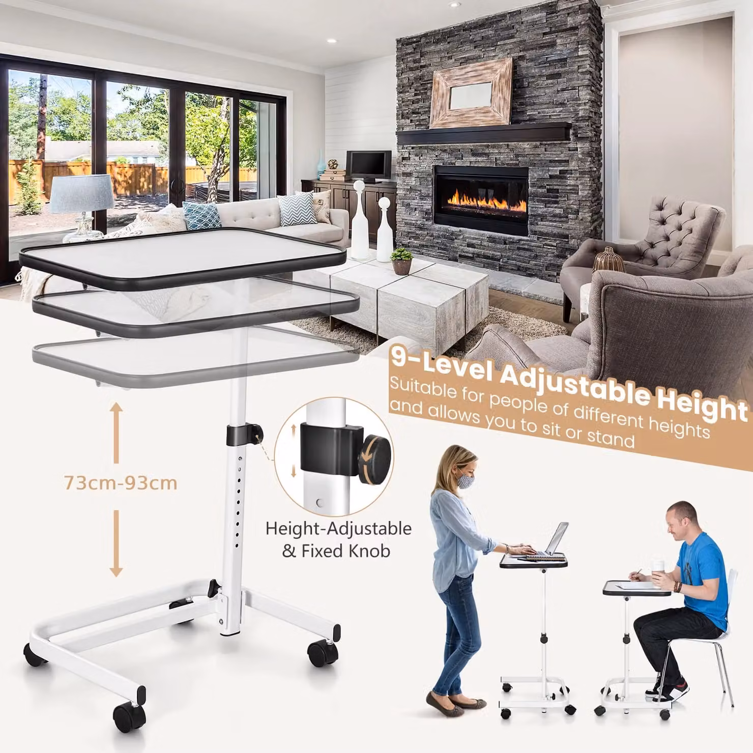 Gymax White Overbed Table with Adjustable Height, Tilting Top and Lockable Castors – 2