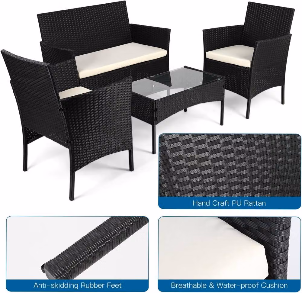Lishetimig 4-Piece Rattan Garden Furniture Set with Cushions and Glass Coffee Table in Black and Brown – 4