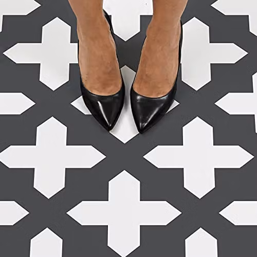 FloorPops FP3308 Nordic Self-Adhesive Geometric Tile-Look Floor Tiles, Black and White – 6