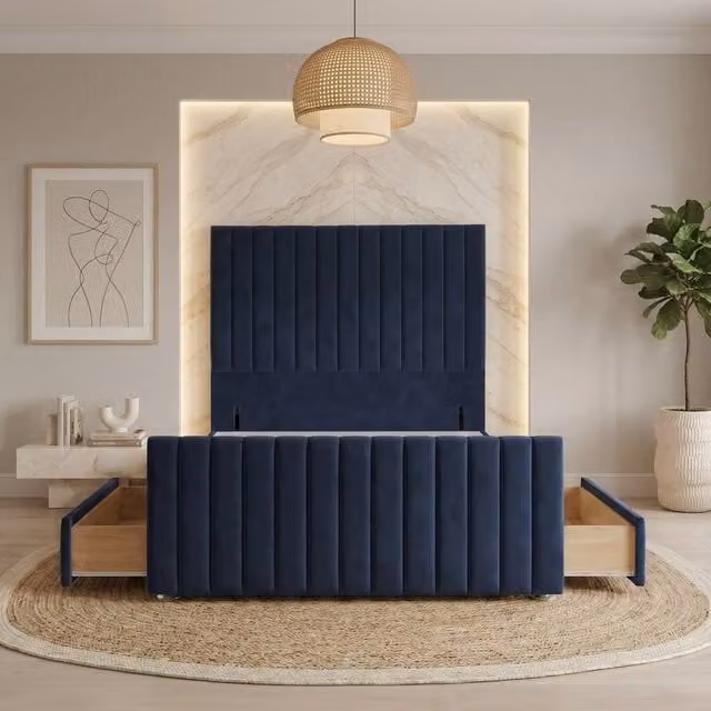 Somnior Eleanor Velvet Divan Base with 4 Drawers, 54 inch Headboard and 22 inch Footboard, Blue, W/D/H: 200 x 200 cm, Super King – 1