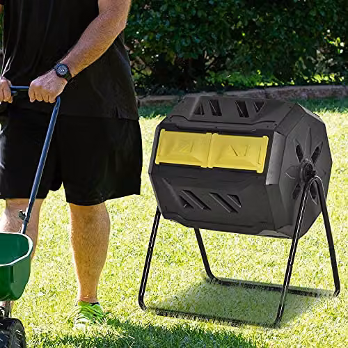 Outsunny 160L Dual Chamber Tumbling Compost Bin in Yellow and Black – 6