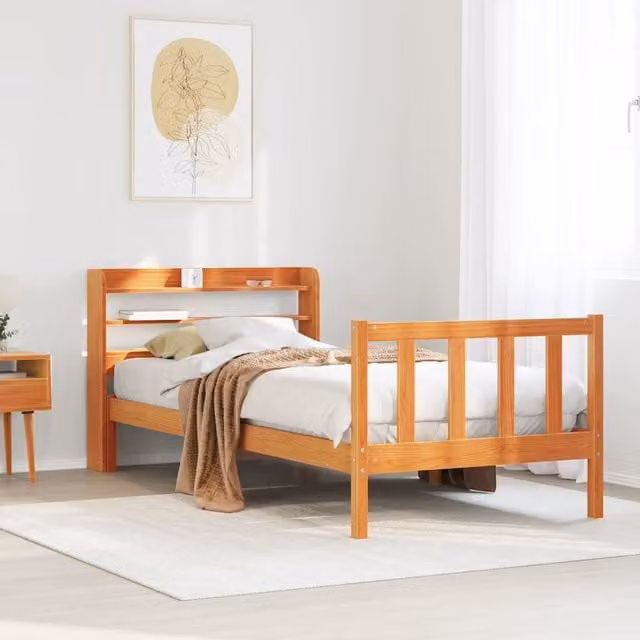 Berkfield Home Wax Brown Solid Pine Bed Frame with Headboard and Side Compartments, W/D/H: 100 x 200 cm – 1