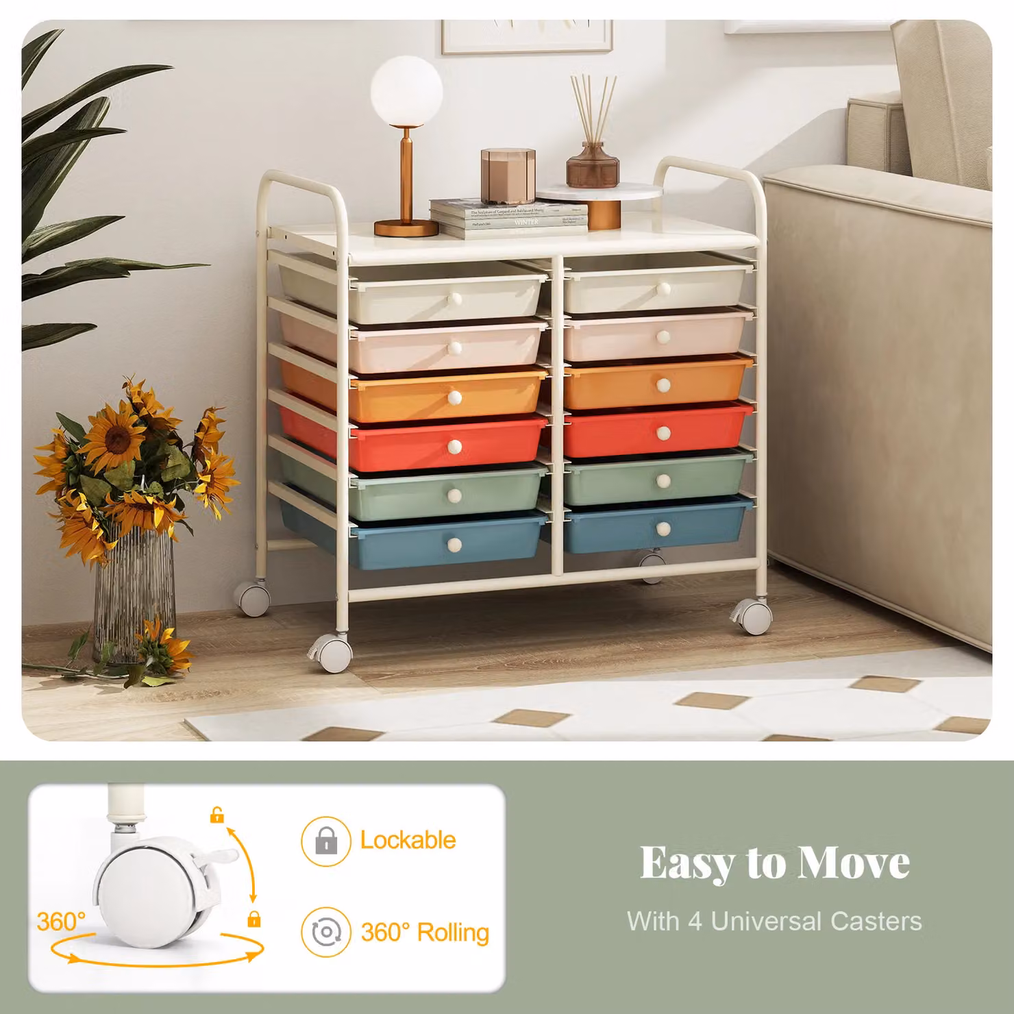 Gymax Multi-Purpose Utility Storage Rolling Cart with 12 Drawers and Handles, Multicolour Metal – 2