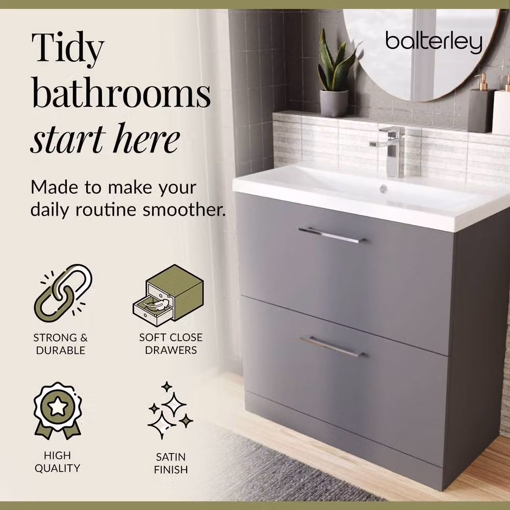 Balterley Contemporary Floor Standing 2 Drawer Bathroom Vanity Unit with Mid-Edge Ceramic Basin, Satin Grey, W: 80 cm, D: 39 cm, H: 84 cm – 3