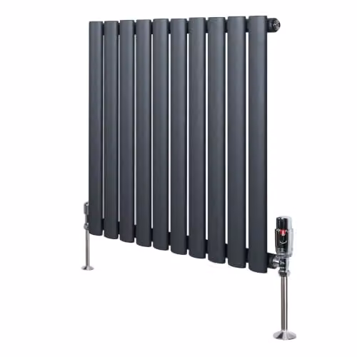 Monster Shop Oval Single Column Radiator in Matt Black Carbon Steel with Chrome Thermostatic Radiator Valve Set, W/H: 60 x 60 cm – 1