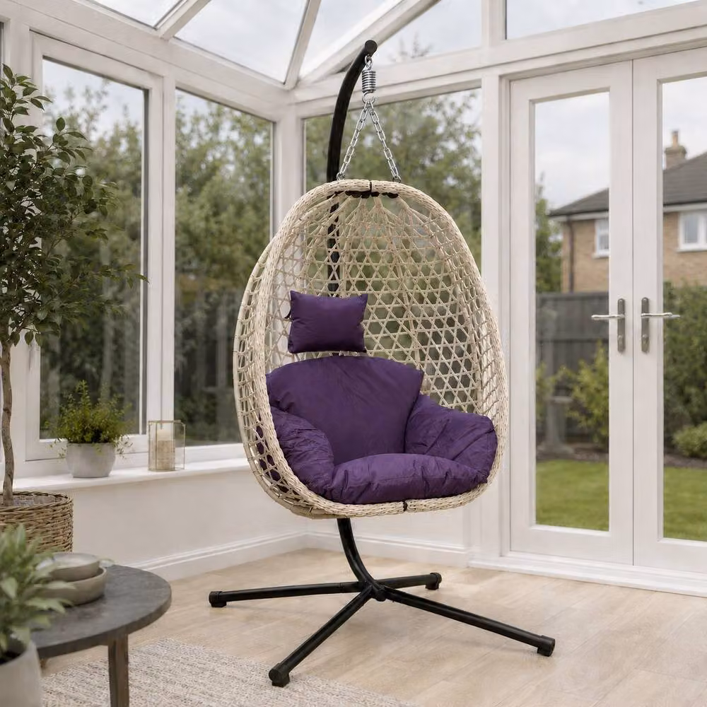 Samuel Alexander Rattan Hanging Egg Chair with Stand and Indigo Cushion in Purple – 2