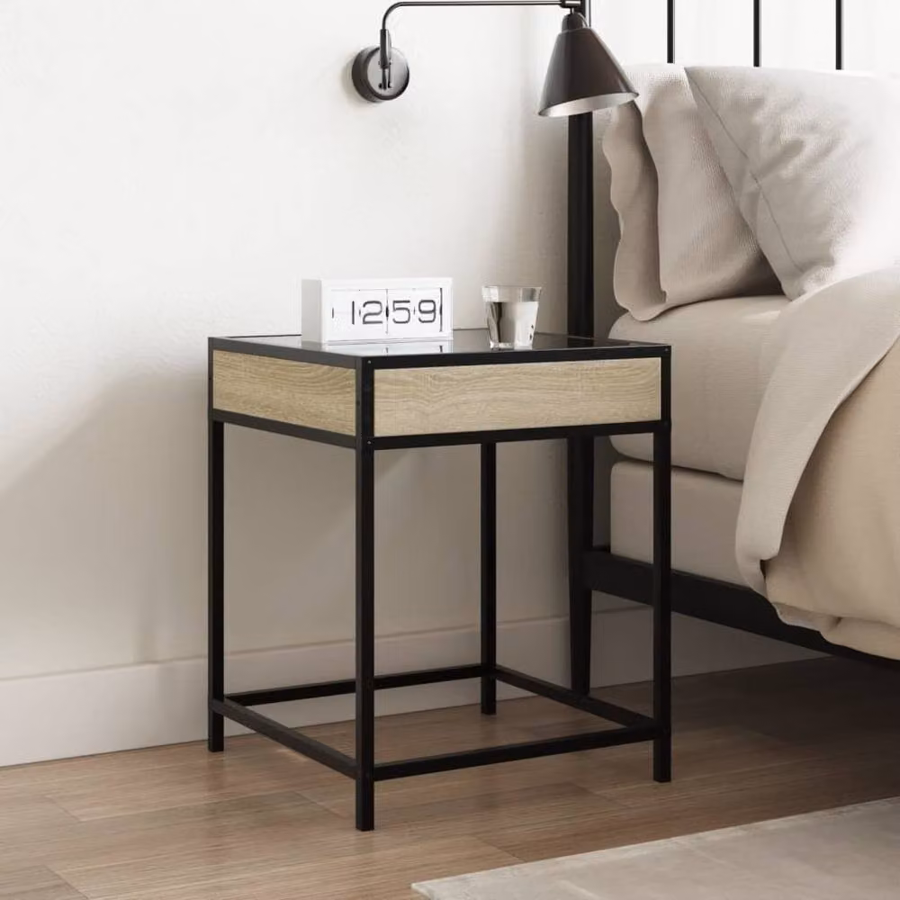 Berkfield Home Infinity LED Decorative Bedside Table in Sonoma Oak and Light Tan, W/D/H: 40 x 40 x 51 cm – 1