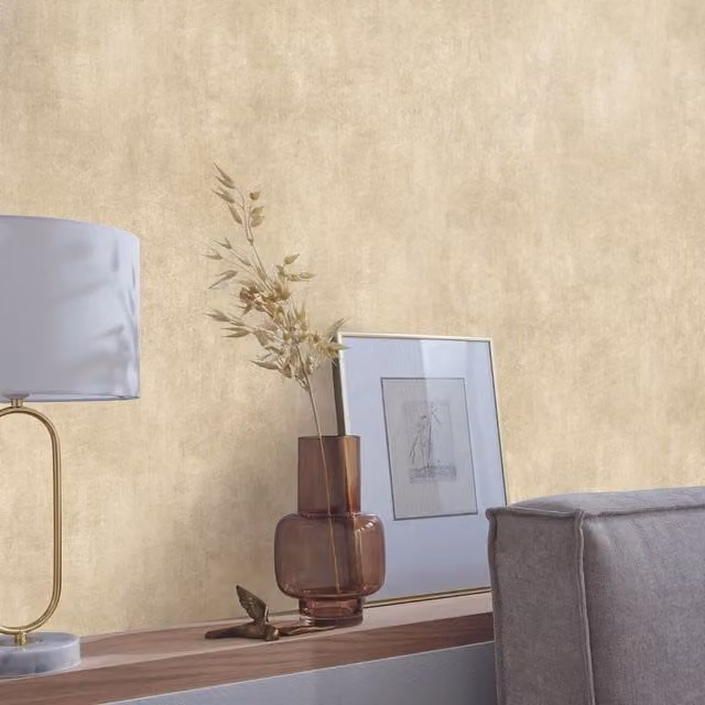 Elle Decoration Luxury Concrete Textured Vinyl Wallpaper in Ivory, Gold and Beige