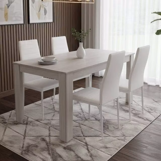 KOSY KOALA Modern Dining Set with Rectangular Table and 4 White Faux Leather Chairs in Grey