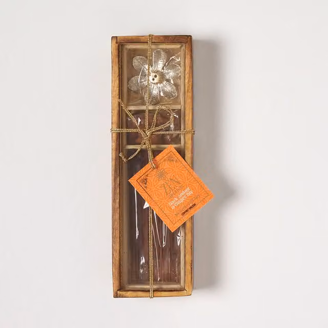 Homescapes Modern Rectangular Incense Cone Holder in Orange and Brown Wood and Metal