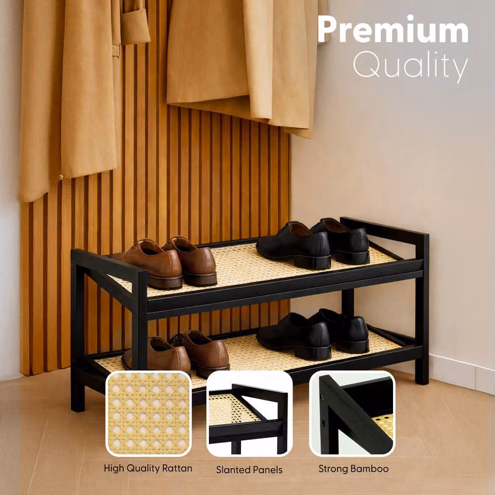 Keplin 2 Tier Bamboo and Rattan Shoe Rack Organiser in Black and Natural – 3