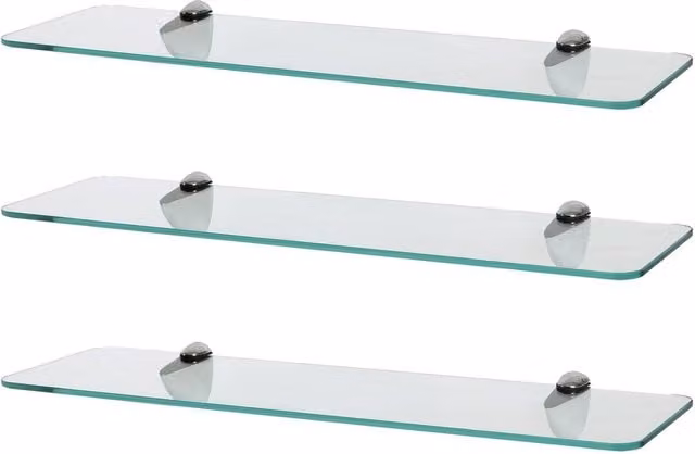 Harbour Housewares Set of 3 Rounded Floating Glass Bathroom Shelves, Width: 50 cm, Transparent with Metal Accents