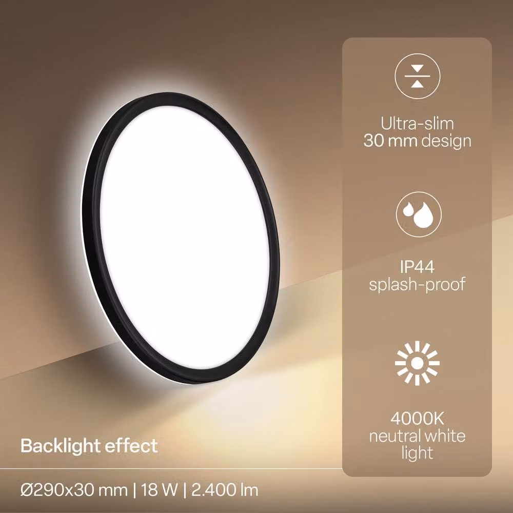 B.K.Licht Black LED Slim Panel Ceiling Light, 18W, 2400lm, 4000K Neutral White, IP44 Splash-Proof, W/D/H: 29 x 30 x 3 cm – 3
