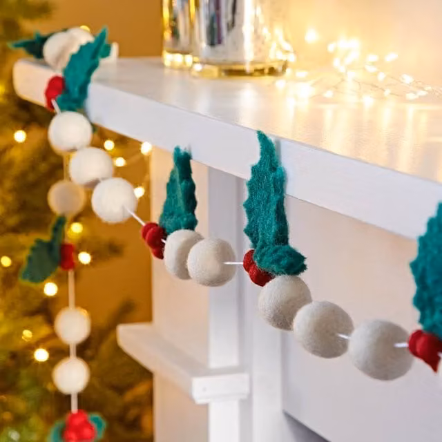 Paper High Handmade Felt Holly and Pom Pom Christmas Garland in Red, Green and White