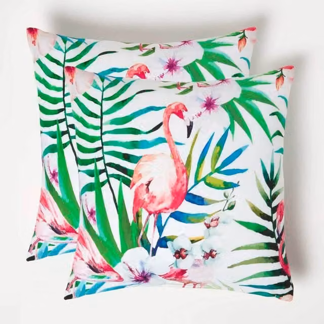 Homescapes Pink Flamingo Outdoor Cushion Set of 2, Pink and Green, W/D/H: 45 x 45 x 45 cm