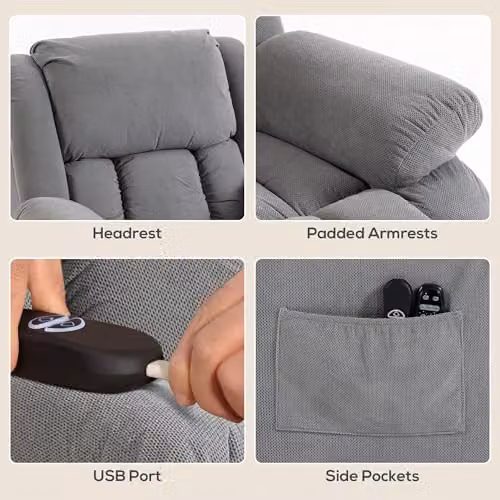 HOMCOM Grey Fabric Recliner Armchair with Motorised Lift Assist, Massage and Heat Functions – 6