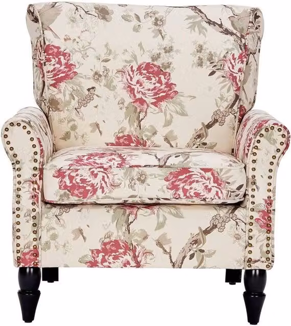 FORGEVIO Beige Velvet Upholstered Wingback Armchair with Armrests and Wood Frame – 1