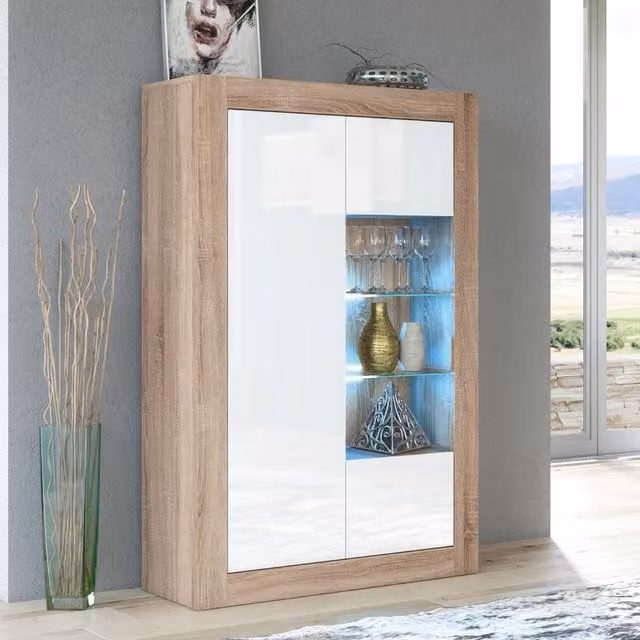 Creative Furniture Arcadia Modern Oak Display Cabinet with Glass Doors and Integrated Lighting W: 140 cm – 1