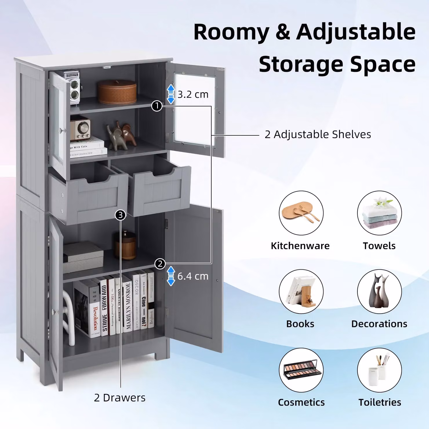 Gymax Tall Grey Bathroom Cabinet with Double Hinged Doors and 2 Drawers – 2