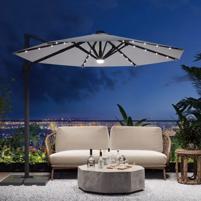 Breeins LED Cantilever Parasol with Crank and Rotating Base in Light Grey
