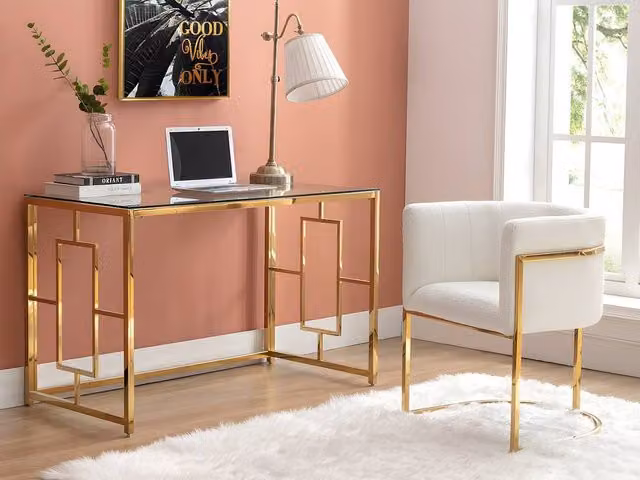 Vente-unique Clotilde Writing Desk in Gold and Transparent Tempered Glass and Steel, W/D/H: 120 x 75 x 78 cm – 1