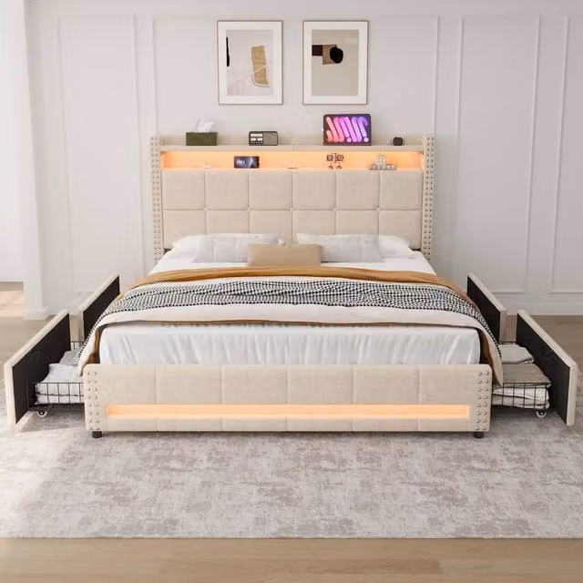 Merax 4ft6 Double Upholstered Bed in Beige with 4 Drawers, LED Lighting and USB Charging Station, W/D/H: 140 x 200 cm – 1