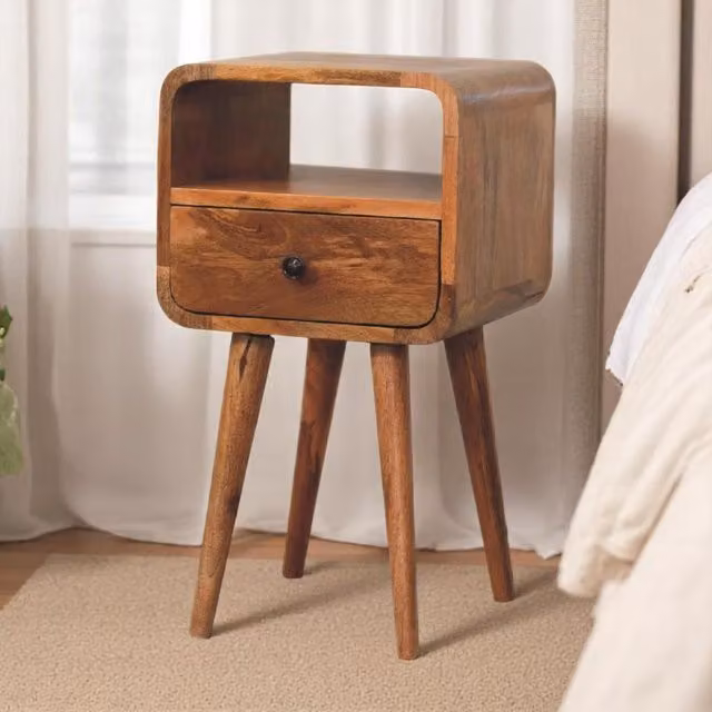 Aosom UK Handcrafted Solid Mango Wood Mini Bedside Table with Drawer and Open Shelf, Brown, W/D/H: 30 x 30 x 55 cm