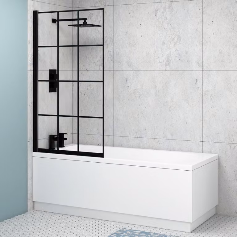 Royal Bathrooms Breeze Round Single Ended Acrylic Shower Bath in White with Black Square Grid Screen, W: 170 x D: 70 cm