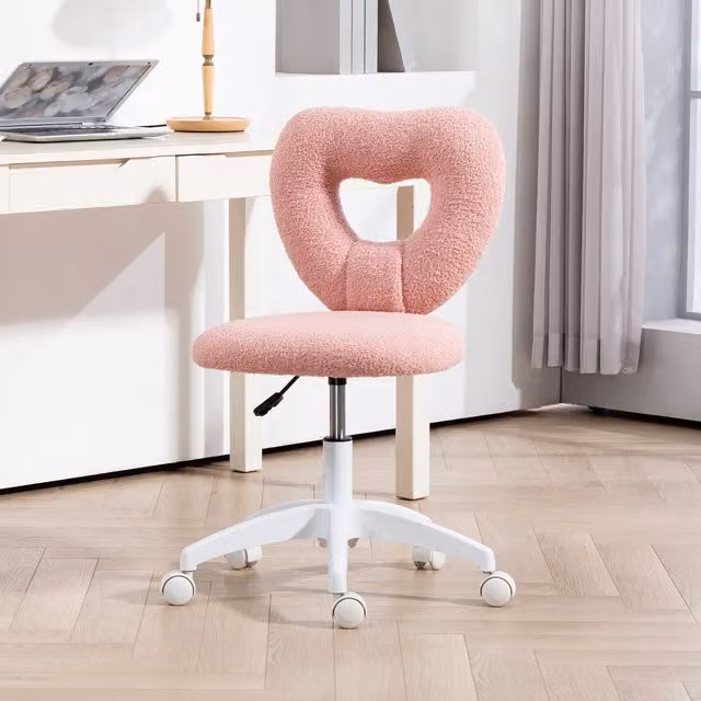 HOMCOM Pink Bouclé Armless Heart Swivel Task Chair for Home Office and Vanity