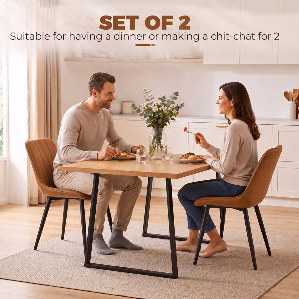 HOMCOM Set of 2 Modern Faux Leather Upholstered Kitchen and Dining Chairs with Metal Legs, Brown – 3