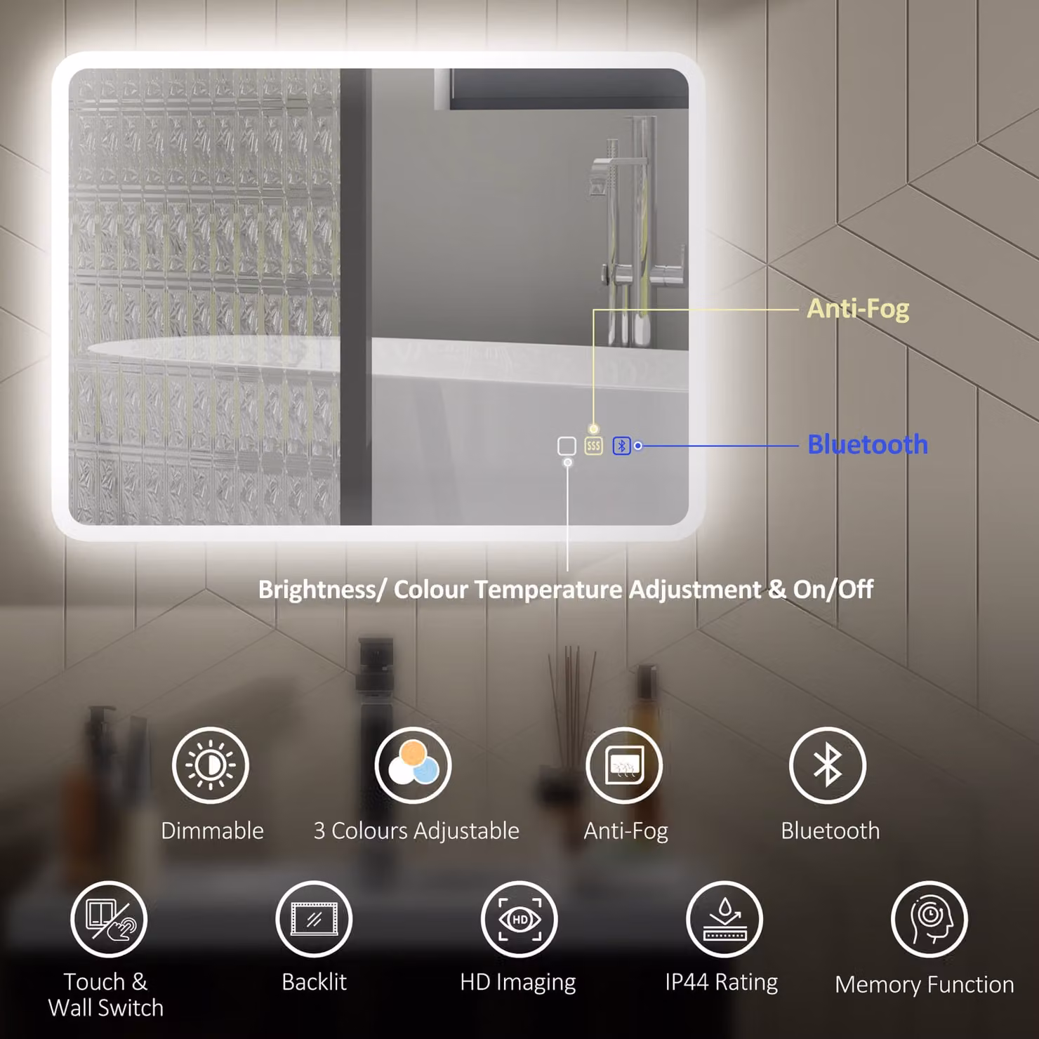 HOMCOM Silver Backlit Illuminated Bathroom Mirror with LED Lights and Bluetooth, W: 60 cm, H: 80 cm – 4