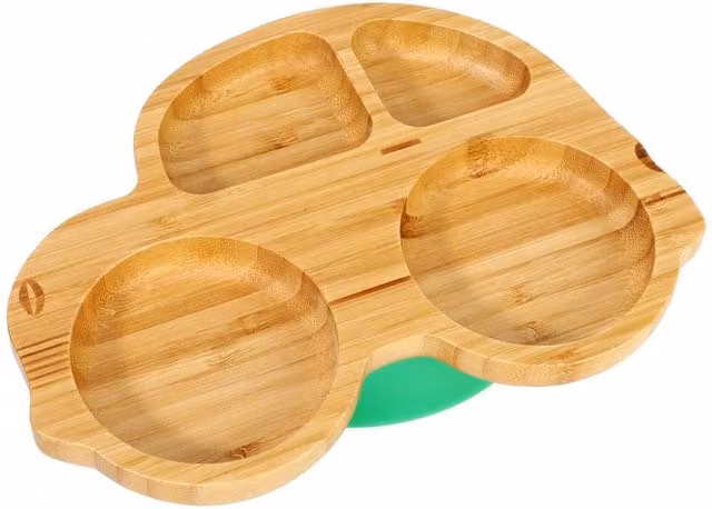 PAWNORA Bamboo Divided Plate, Bowl and Spoon Set for Babies, Green