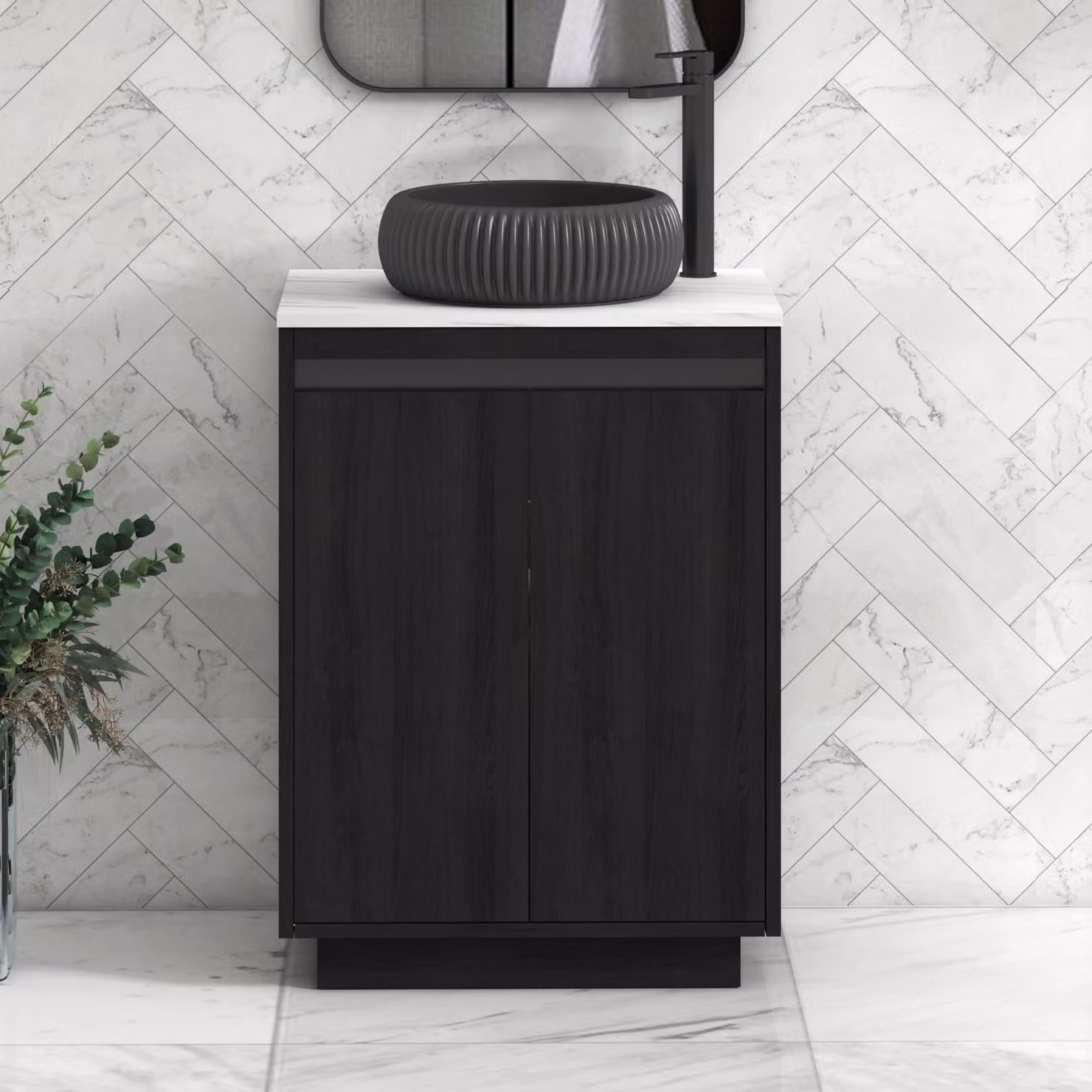 Royal Bathrooms Orion 800mm Hale Black Floor Standing Vanity Unit with Milan Black Basin and Carrara White Countertop, 2 Doors