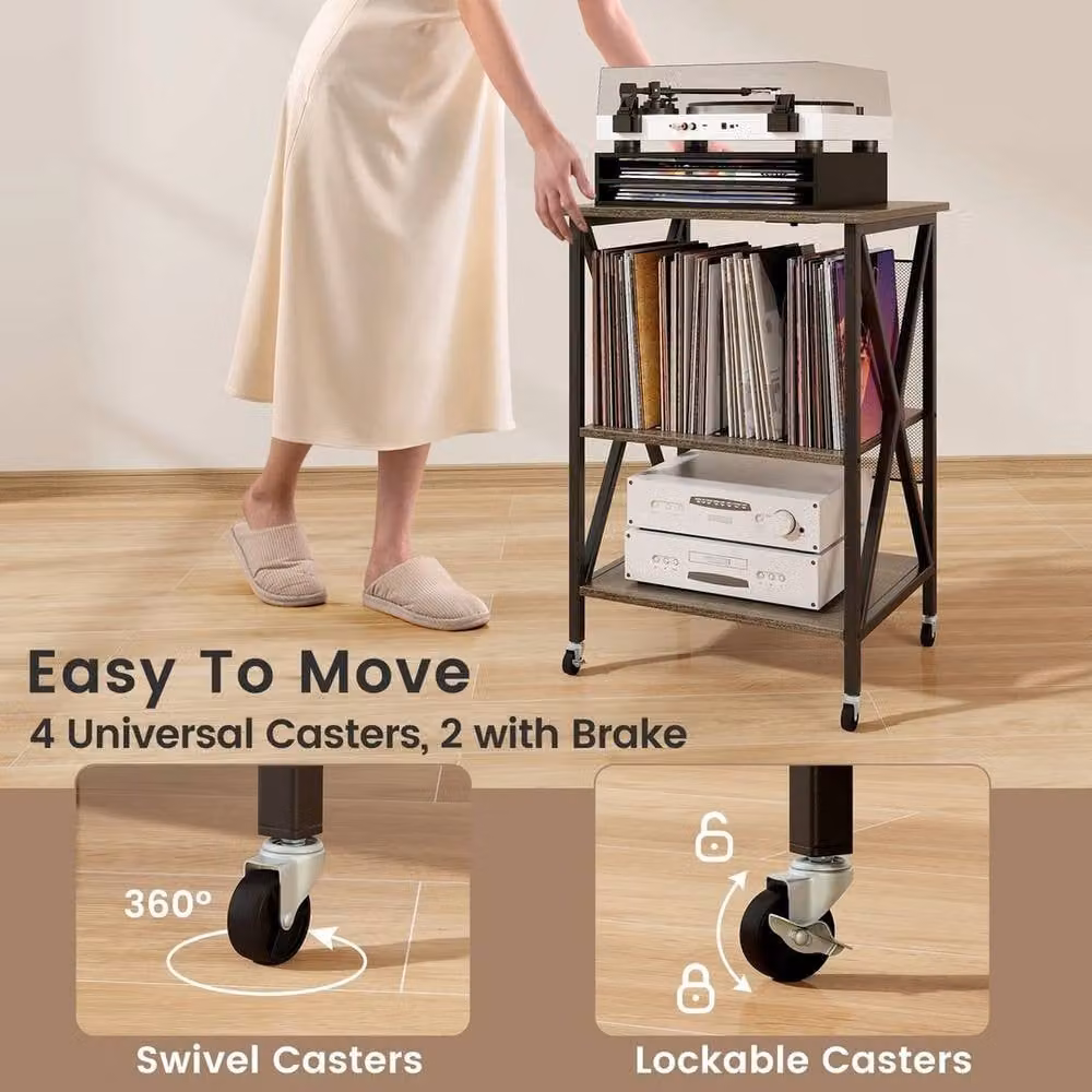 FORGEVIO Multicolour Wood Record Player Stand and Vinyl Storage Cupboard with Castors – 3