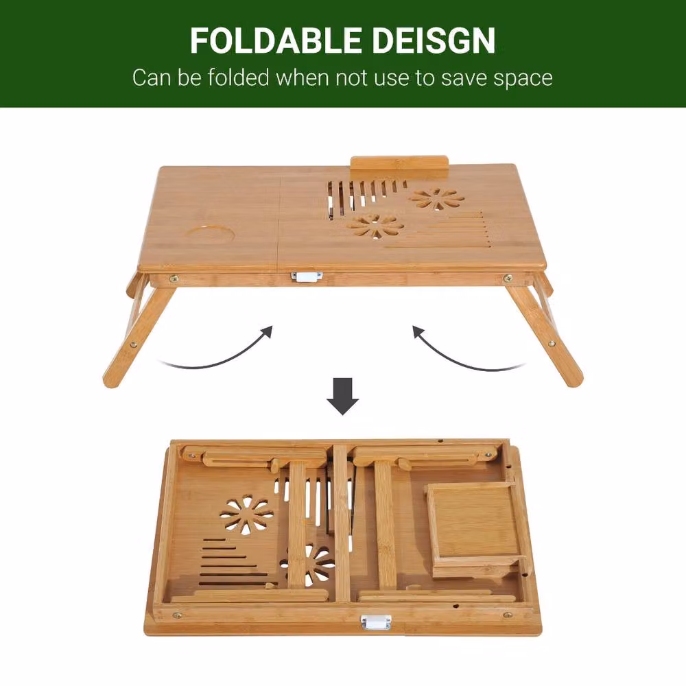 Rolipo Adjustable Foldable Bamboo Laptop Bed Desk with Drawer, Brown, W: 55 cm, D: 35 cm – 3