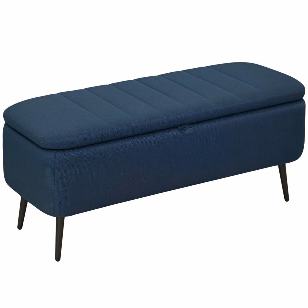 Wyld Haus Sudina Rectangle Storage Ottoman in Dark Blue Linen Look Fabric with Metal Frame – 2