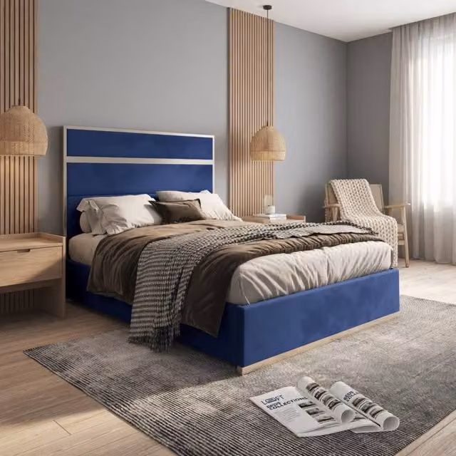 KDMD Horam Single Designer Bed Frame in Blue Velvet and Metal – 1