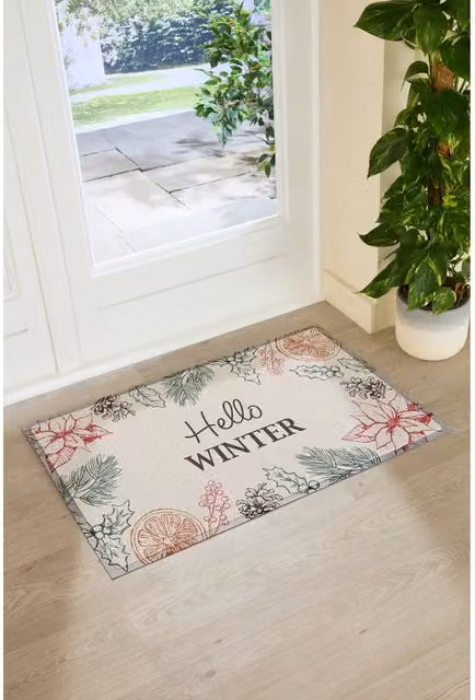 Artsy Mats Hello Winter Large Rectangular Doormat, Beige, Weatherproof and Non-Slip